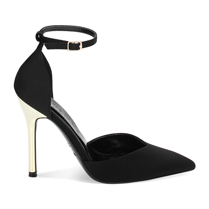 Décolleté Open Shank nere in tessuto, tacco 10,5 cm