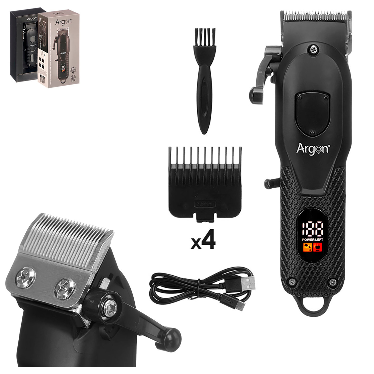 Maquina cortapelo profesional negra con accesorios. Batería recargable de 1200mAh. Incluye 4 Peines (1,5-3,5-4,5-5,5 mm).