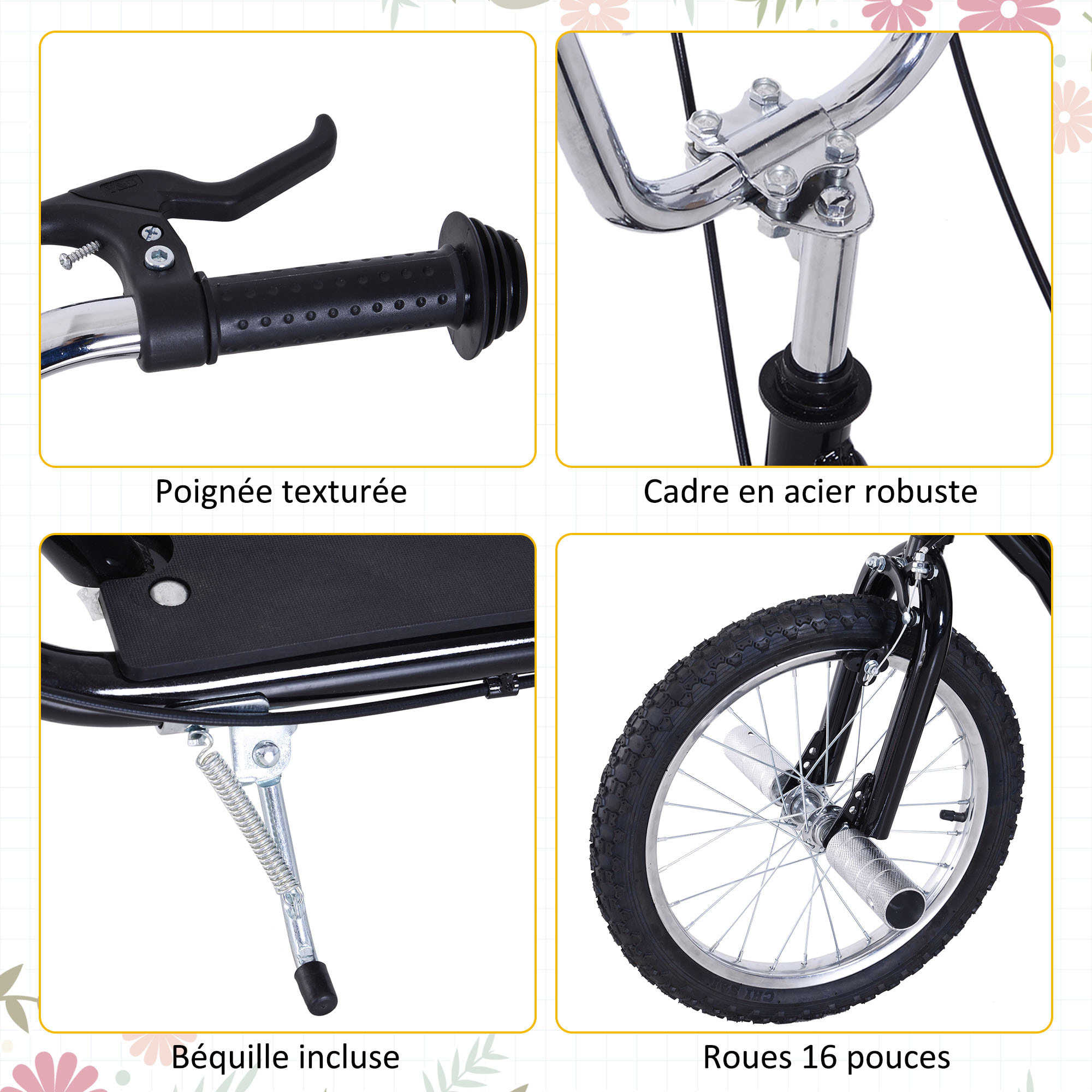 Trottinette patinette freestyle grandes roues pneumatiques Ø 41 cm hauteur guidon réglable béquille pegs inclus acier noir