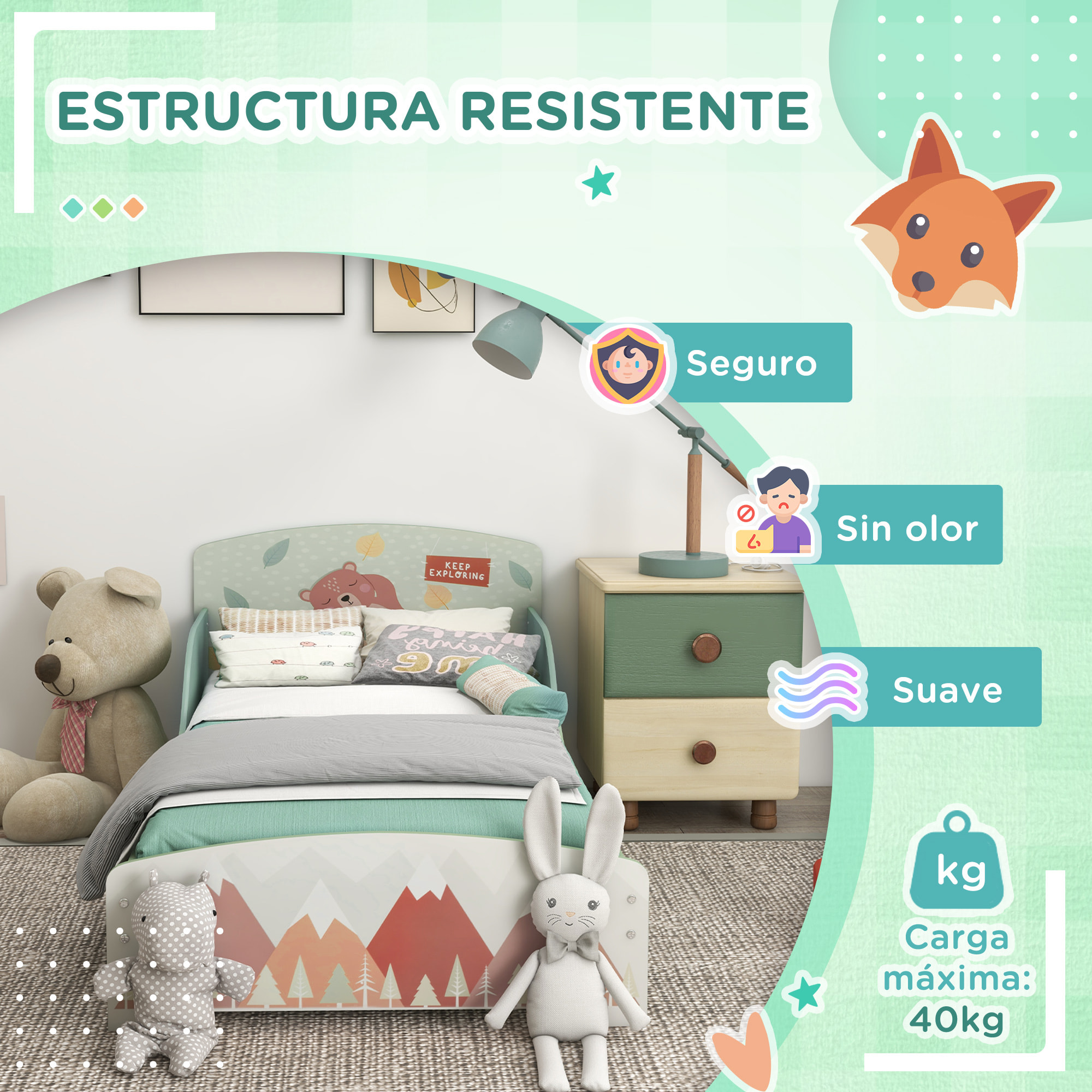 Conjunto para Niños Incluye 1 Cama Infantil 1 Estantería para Juguetes con Pizarra Pintable y 1 Organizador de Juguetes con 6 Cajas de Tela Extraíbles Verde