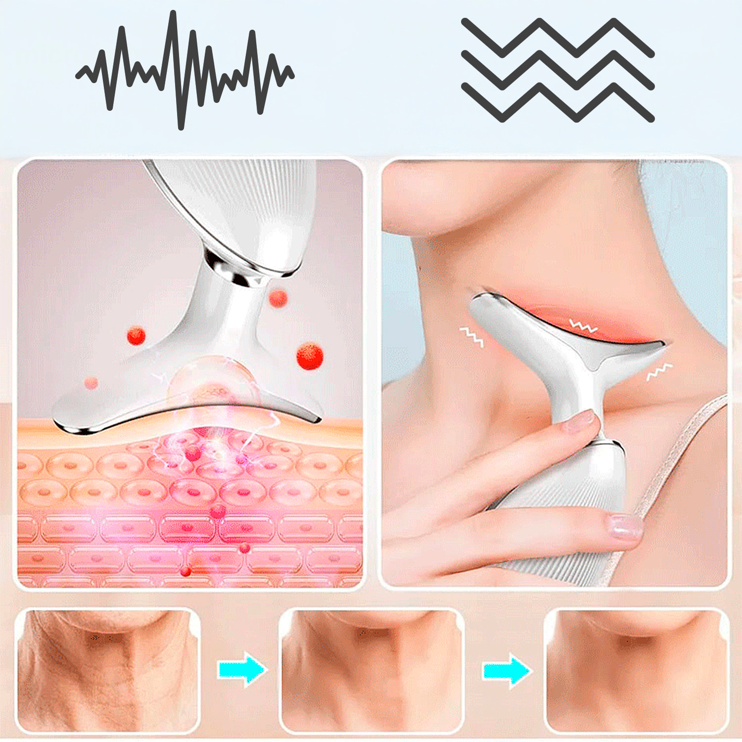 Massaggiatore facciale anti-rughe con 3 modalità d'uso, EMS, compressa calda e 7 luci LED.