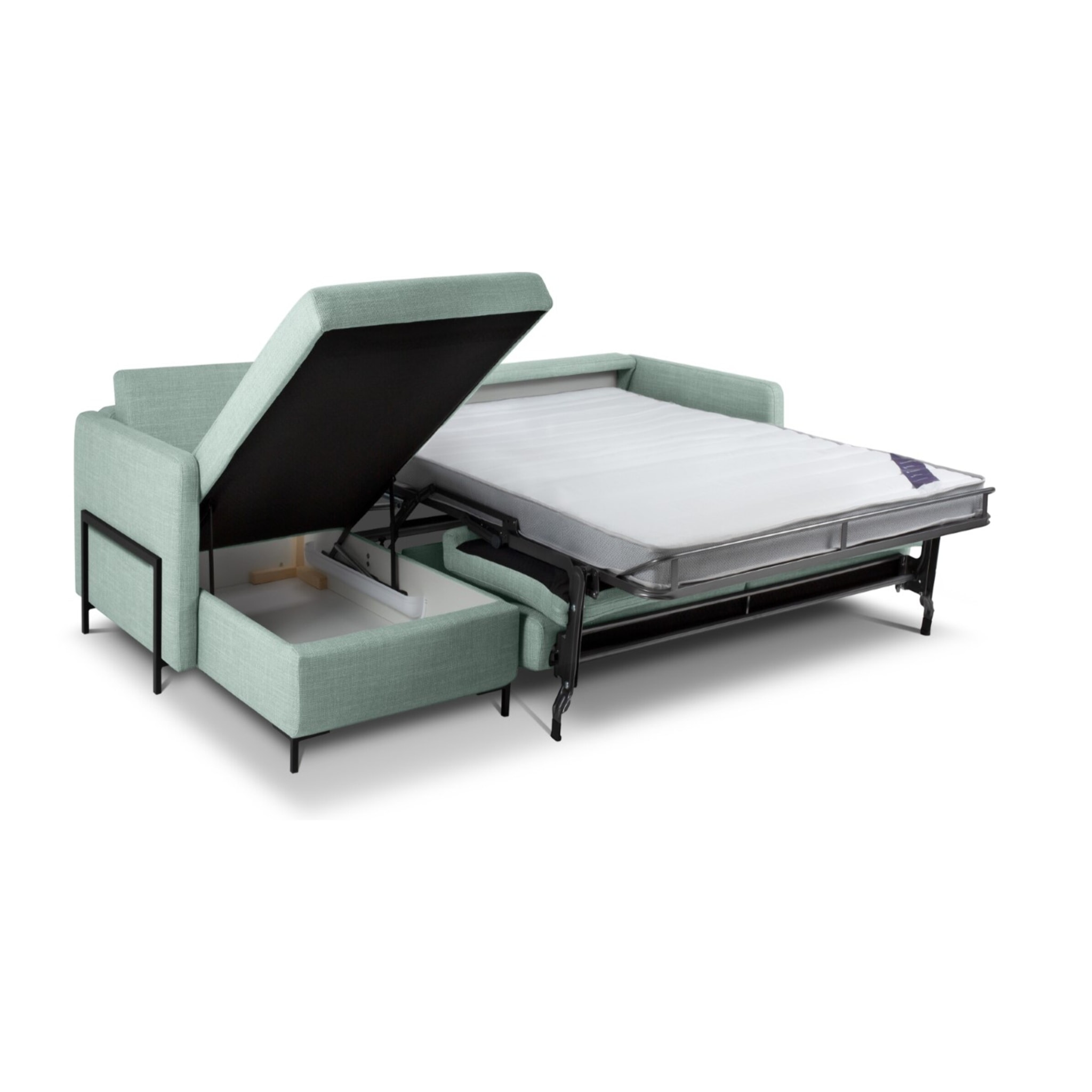 Canapé d'angle gauche convertible avec coffre de rangement "Yanis" 4 places en tissu structurel menthe