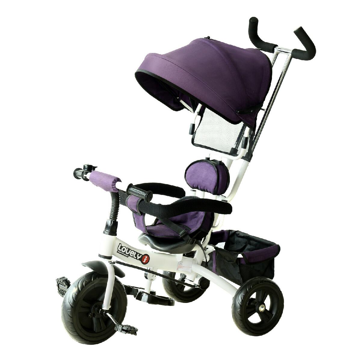 Tricycle enfant évolutif pare-soleil pliable canne  télescopique amovible 92 x 51 x 110 cm acier violet blanc