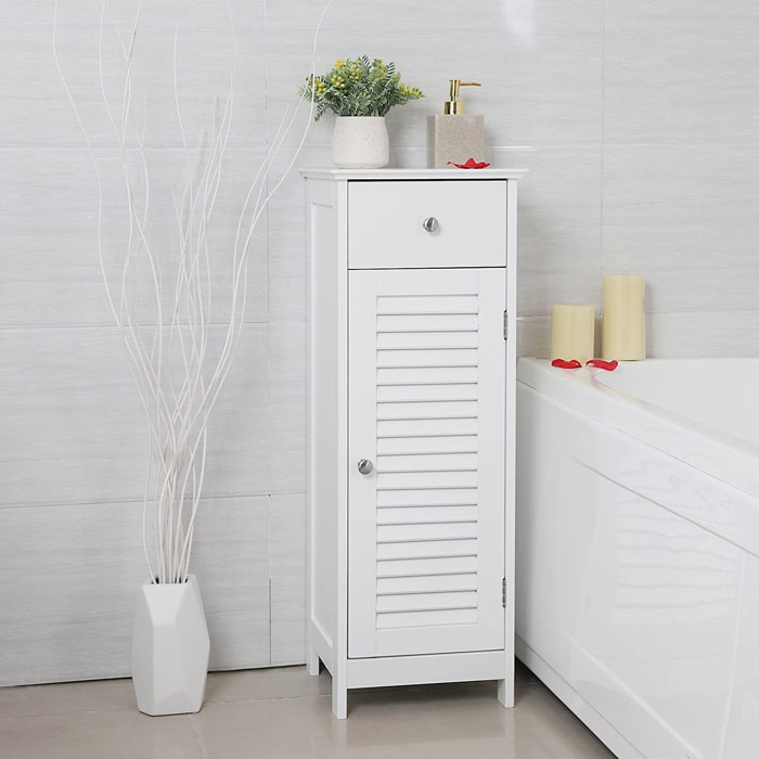 Colonna Bagno Bianca con Cassetto e Ante a Persiana - MDF