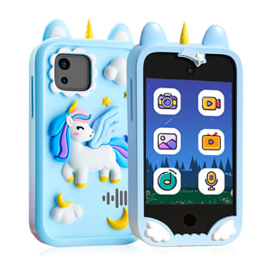 Fotocamera per bambini K8 a forma di telefono. Con fotocamera duale fino a 12MP, video 1080p e schermo touchscreen IPS da 2,8 pollici. Con custodia in silicone a forma di unicorno.