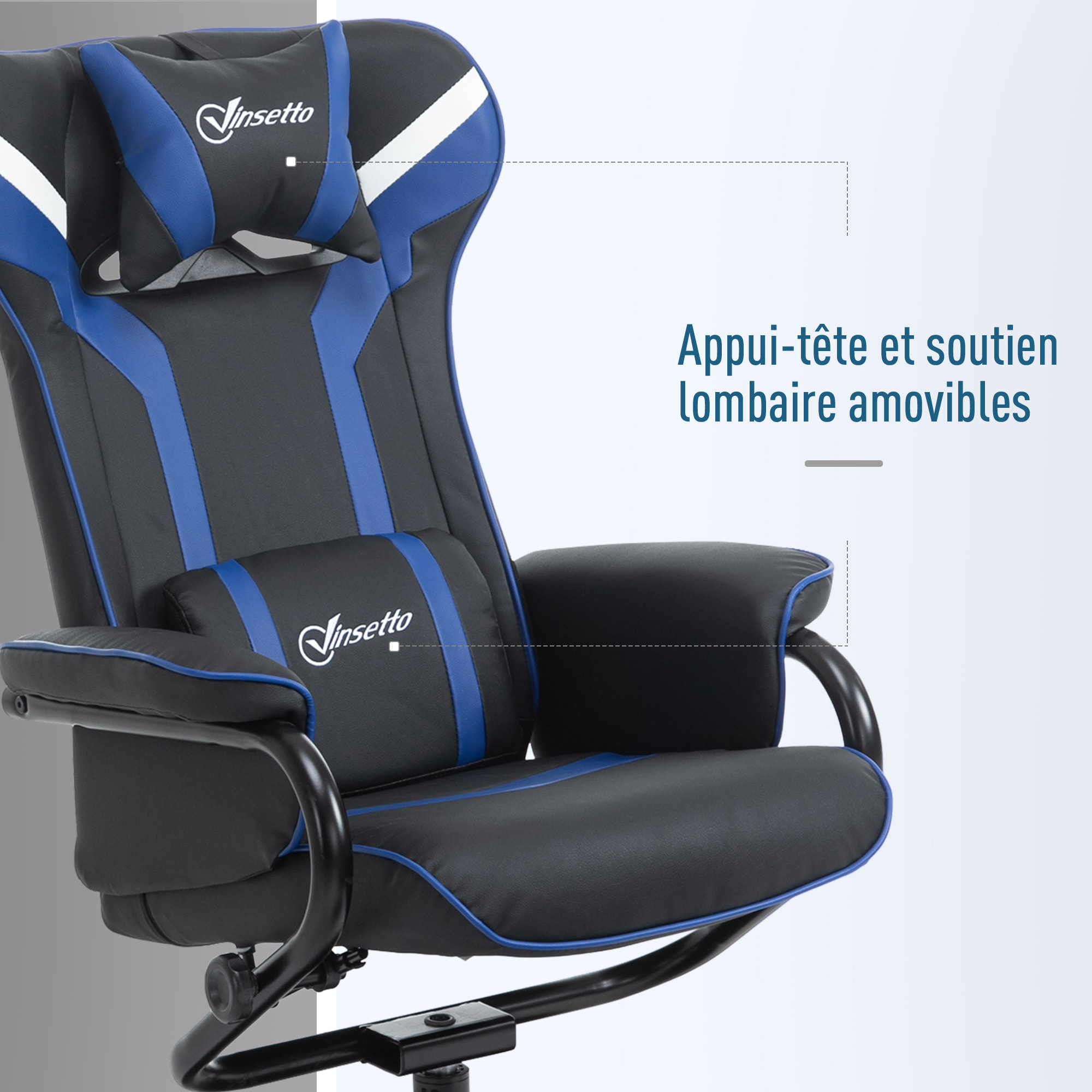 Fauteuil gamer inclinable pivotant avec repose-pied - coussins lombaires, tétière inclus - revêtement synthétique bleu noir