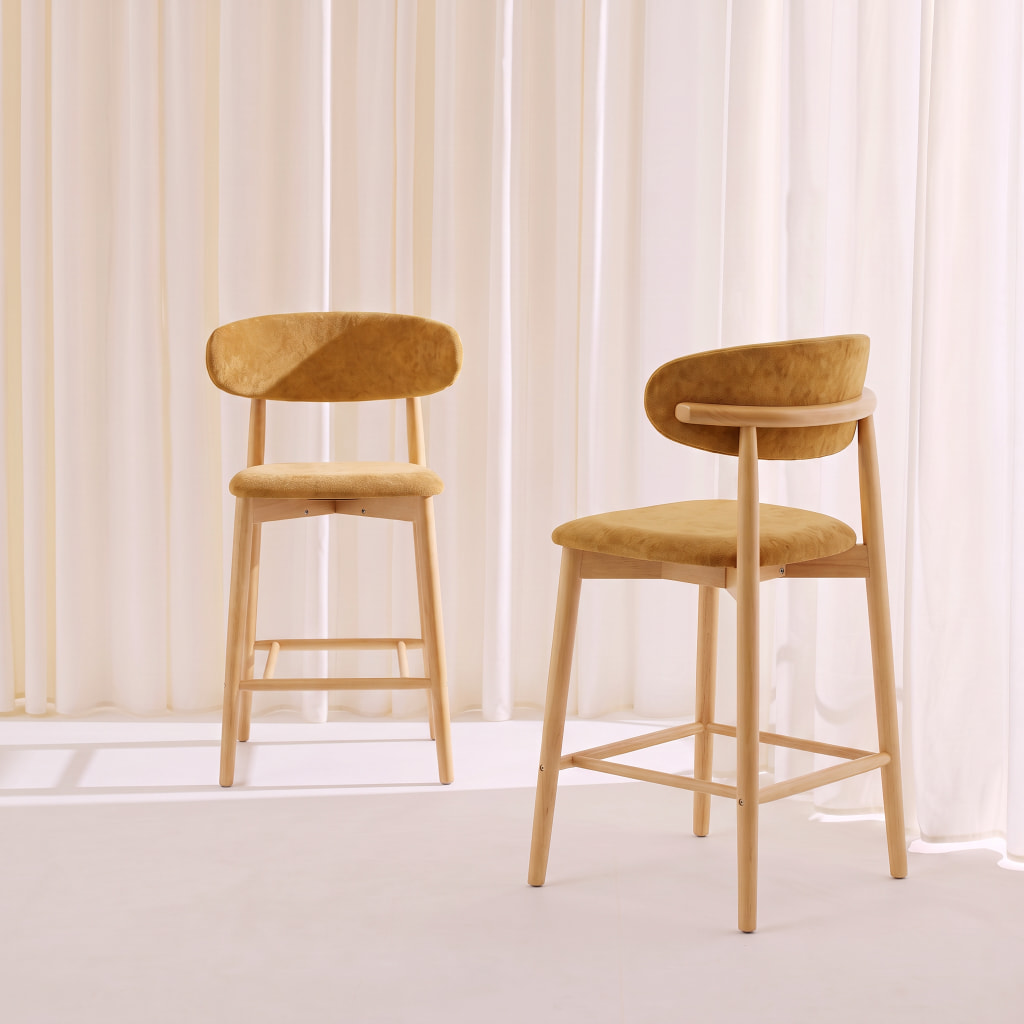 Tabouret de bar bois d'hévéa naturel et tissu chenille (lot de 2)  PAOLA