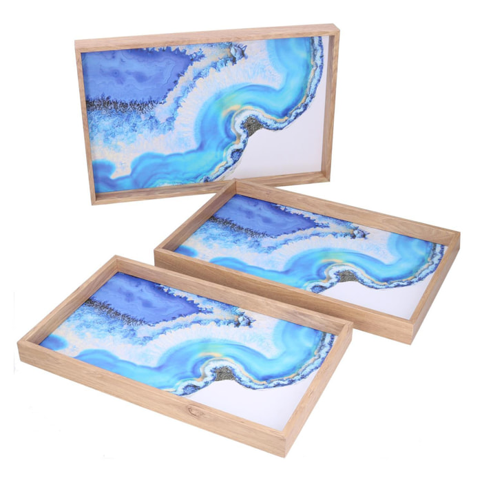 Set di 3 vassoi in legno azzurro rettangolare cm45x30h4
