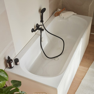 Pack baignoire droite 180 x 80 Elise + tablier niche + mitigeur bain Aimé noir + pare bain noir mat + vidage