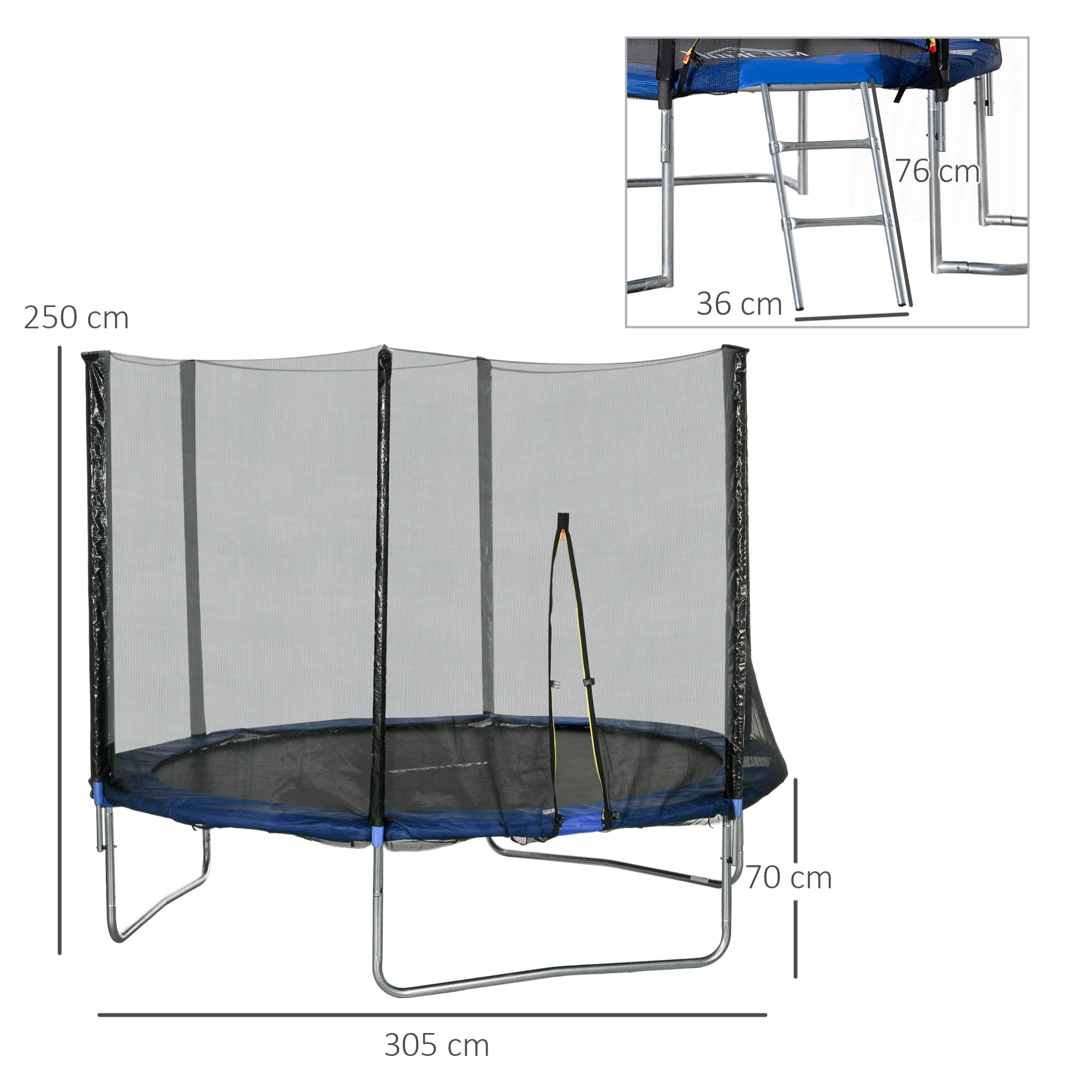 Cama Elástica de Exterior Ø305x250 cm Trampolín para Niños Adultos con Red de Seguridad Escalera Cubierta de Bordes y Marco de Acero para Jardín Patio Azul