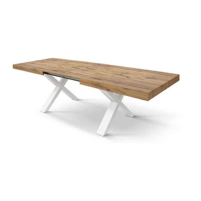 Tavolo allungabile AMALFI in legno effetto rovere rustico e gambe a X bianche, allungabile 160x90 cm - 240x90 cm