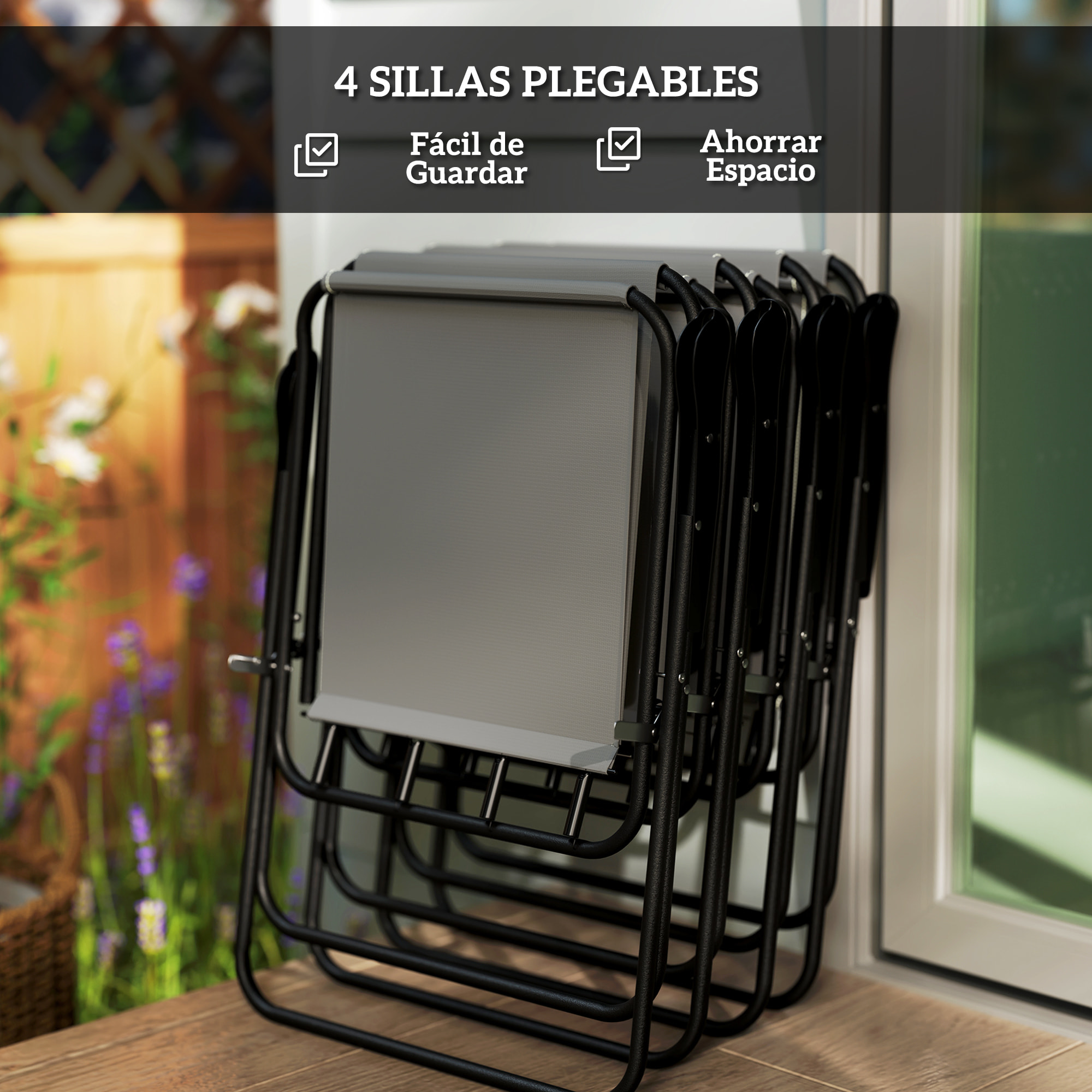 Conjunto de Mesa y Sillas Jardín de 6 Piezas Muebles de Jardín Exterior con 4 Sillas Plegables Mesa de Vidrio y Sombrilla para Terraza Patio Gris