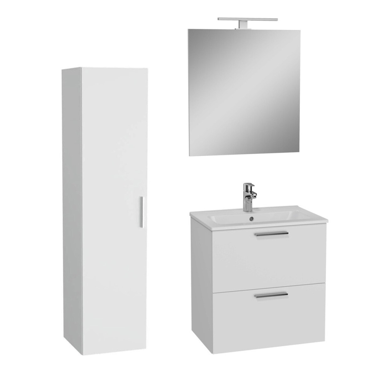 Set Mia ensemble meuble 59x61x39,5cm avec miroir, lavabo, éclairage LED + armoire 145x35x35cm, Blanc brillant