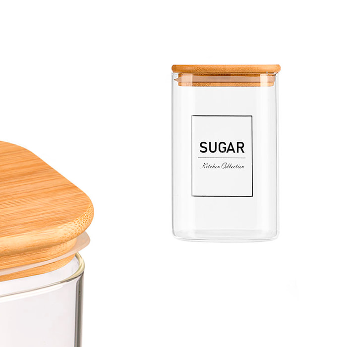 Barattolo quadrato in borosilicato con coperchio in bamboo. Design "Sugar" 1,2L