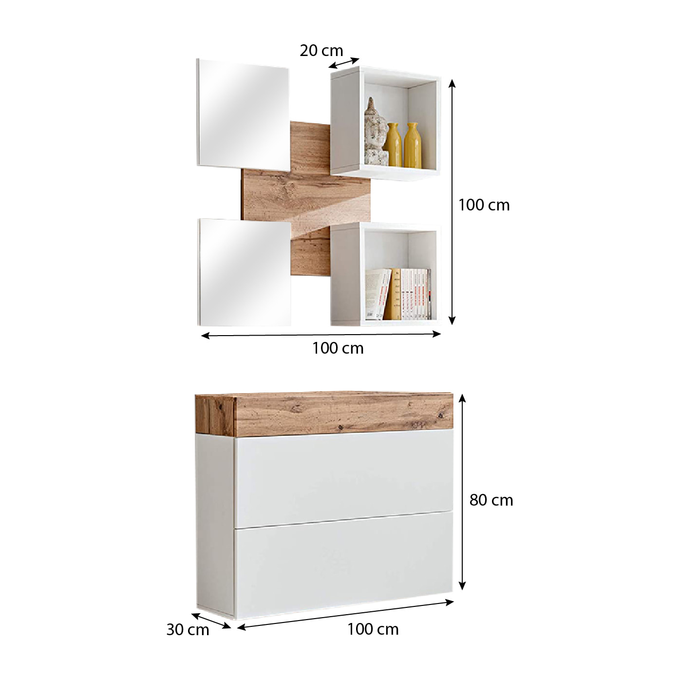Mobile Ingresso Moderno Con 2 Specchi Vani A Giorno E Base Con Ante E Cassetto Design Elegante Salvaspazio 100 x 170 x 30 Cm Bianco E Rovere