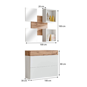 Mobile Ingresso Moderno Con 2 Specchi Vani A Giorno E Base Con Ante E Cassetto Design Elegante Salvaspazio 100 x 170 x 30 Cm Bianco E Rovere