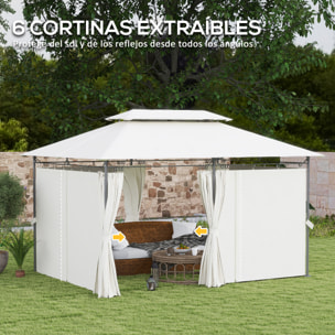 de Jardín 4x3 m, Pabellón de Jardín Gazebo con Doble Techo, 6 Paredes Laterales, Estructura Metálica, Orificios de Drenaje, Carpa para Exterior, Terraza, Patio, Crema