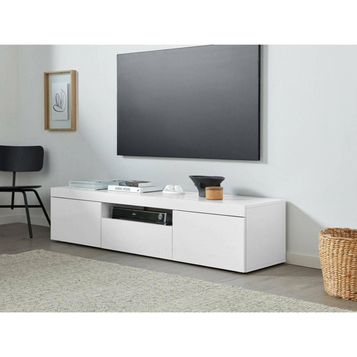 Mobile porta TV Dcorradin, Credenza bassa da soggiorno a 3 ante, Base porta TV, 160x40h35 cm, Bianco lucido