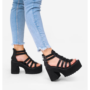 Sandalias con tacón negras con plataforma y hebillas