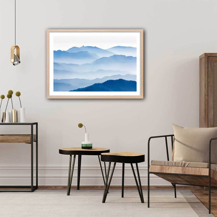 Affiche paysage montagnes bleues Affiche + cadre en bois - Chêne