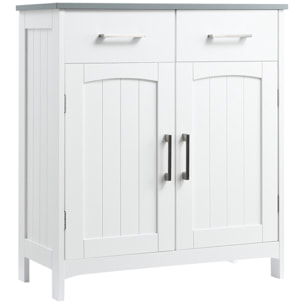 Meuble bas de salle de bain sur pied - 2 tiroirs, 2 portes, étagère - dim. 68 x 33 x 76 cm - blanc gris