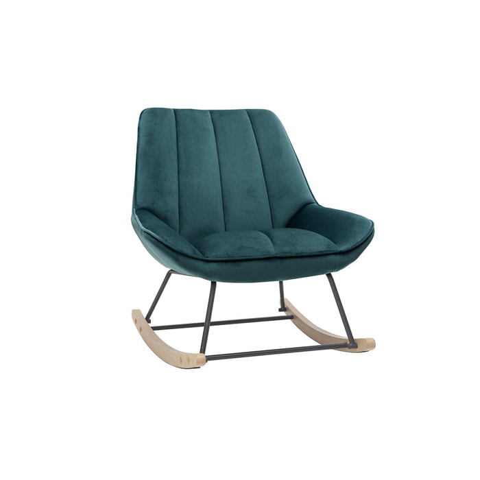 Rocking chair design en tissu velours bleu pétrole, métal noir et bois clair BILLIE
