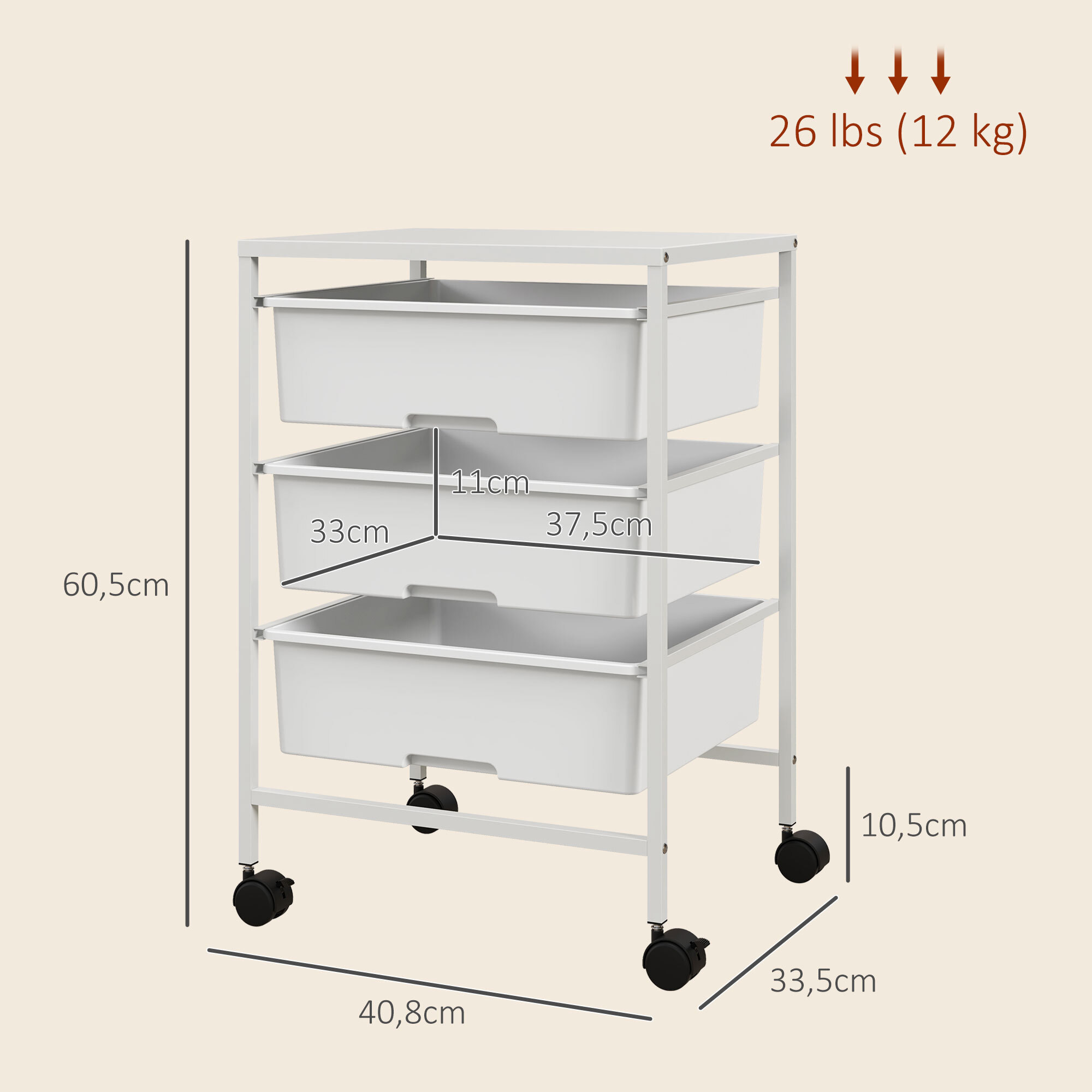 Carrito Auxiliar con Ruedas Carrito de Cocina de 3 Niveles con 3 Cestas para Almacenamiento y Marco de Acero para Comedor Sala Baño 40,8x33,5x60,5 cm Blanco