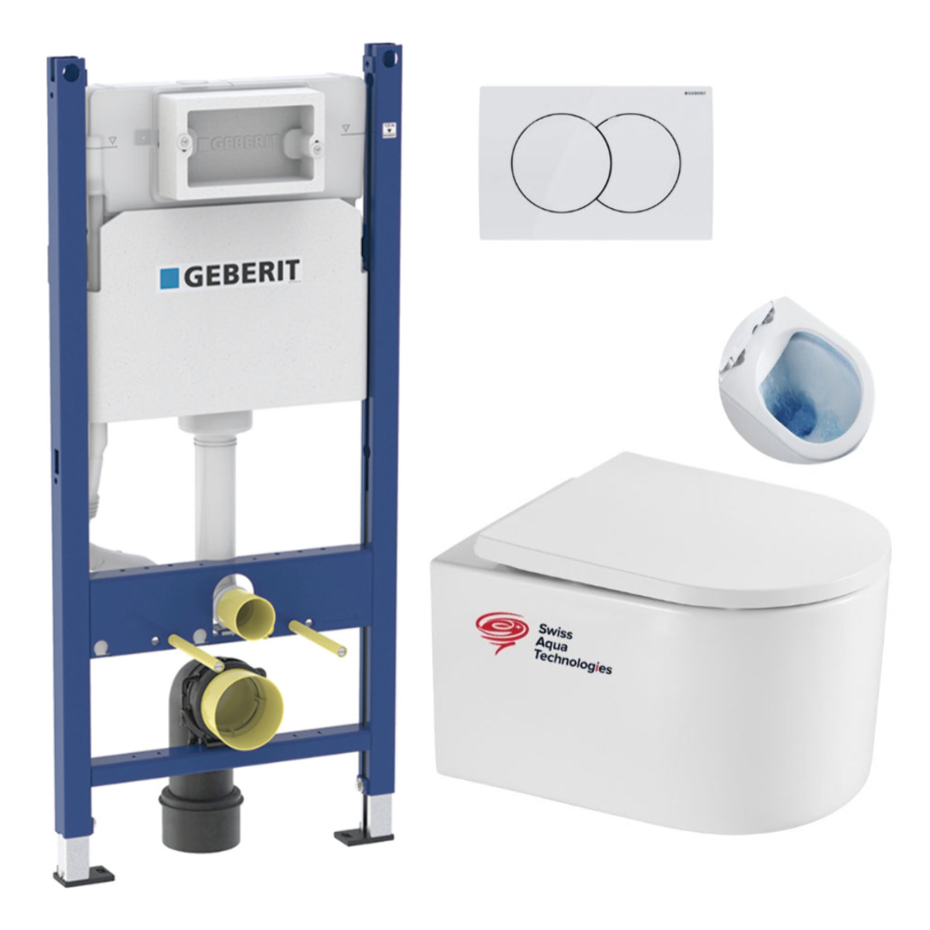 Pack WC Bâti-support Geberit + WC sans bride Swiss Aqua Technologies + abattant SoftClose + plaque