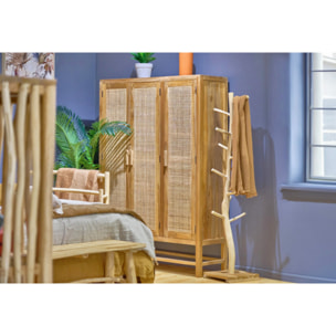 Armoire haute 3 portes en rotin et bois massif de teck - LINA