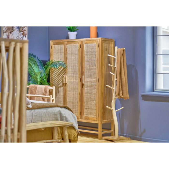 Armoire haute 3 portes en rotin et bois massif de teck - LINA