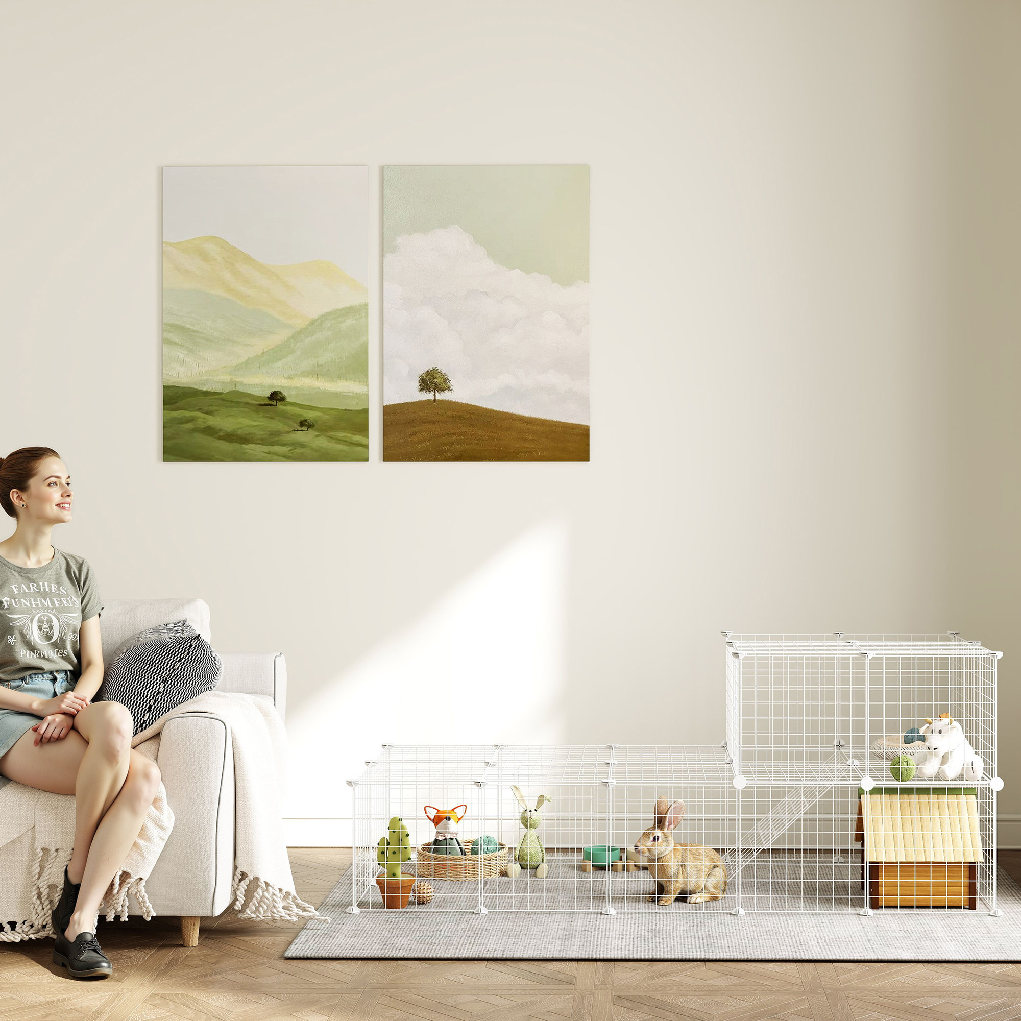 Cage parc enclos pour animaux domestiques L 146 x l 73 x H 73 cm modulable 2 niveaux 36 panneaux bords arrondis fil métallique blanc