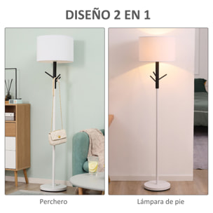 HOMCOM Lámpara de Pie con Ganchos para Colgar Ropa Sombreros Pantalla de Tela Casquillo E27 Máx. 40W e Interruptor de Pie Moderno para Salón Dormitorio Ø38x158 cm Blanco