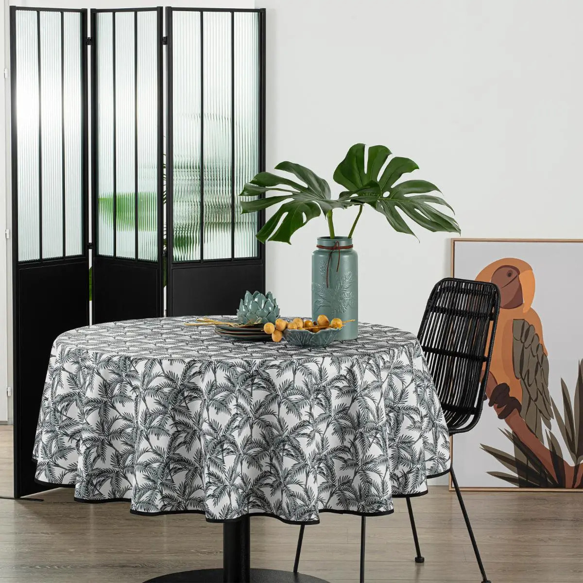 Nappe anti-tache "Palmier" gris ardoise D180cm