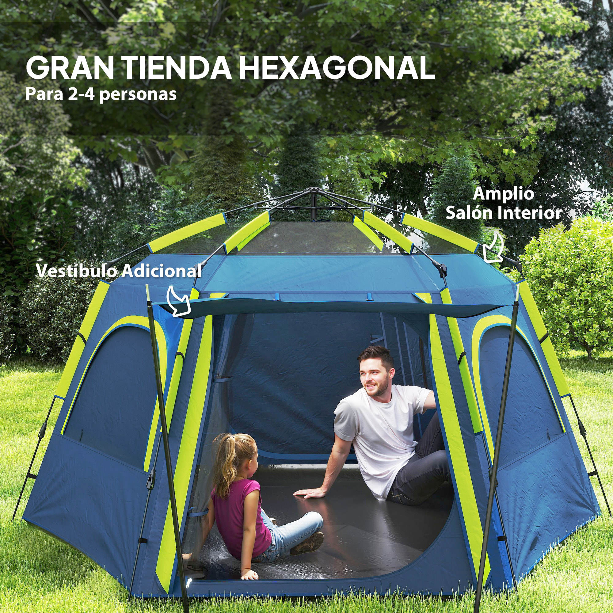 Tienda de Campaña para 2-4 Personas Tienda de Camping Plegable con Fácil Instalación Ventanas de Malla Gancho y Bolsa de Transporte Protección UV Impermeable para Senderismo Azul y Verde