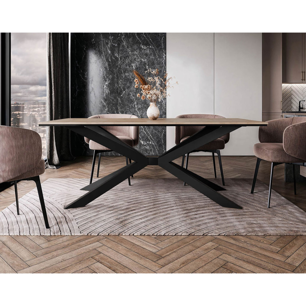 Casey - table à manger - plateau effet bois - pieds en métal - 4 à 8 personnes - Bois / Noir