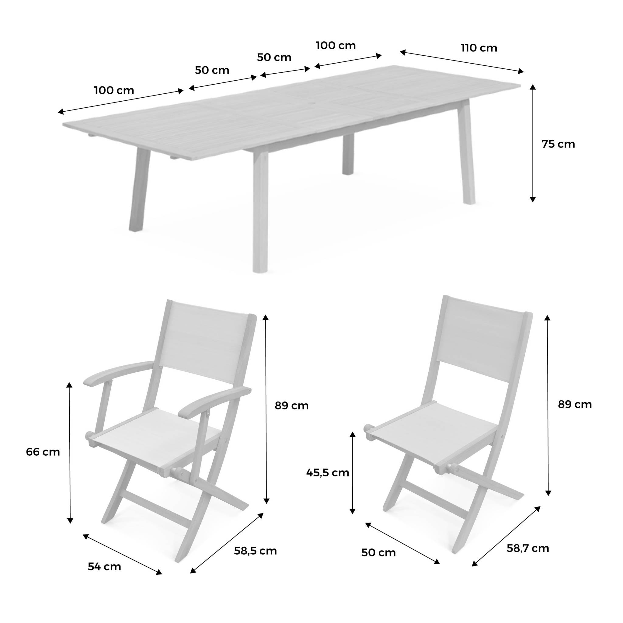 Salon de jardin en bois extensible - Almeria - Grande table 200/250/300cm avec 2 rallonges. 2 fauteuils et 8 chaises. en bois d'Eucalyptus huilé et textilène savane
