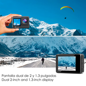 Camera Sportiva AT-Q60AR 4k 30fps con 15,9 mpx, doppio schermo di 2" e 1,3" con una moltitudine di accessori sportivi e WIFI.