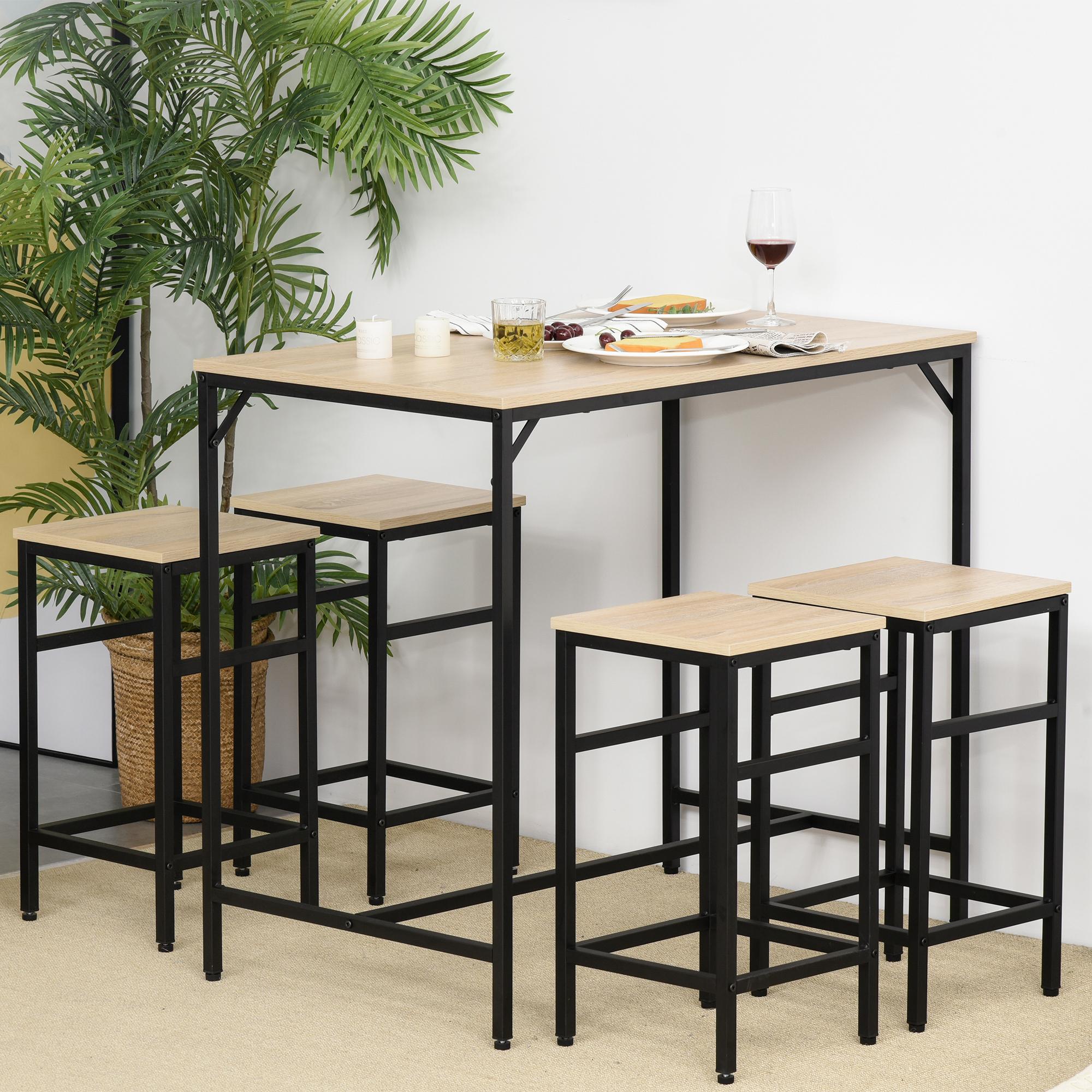 HOMCOM Set de Mesa de Bar y 4 Taburetes 5 Piezas con Reposapiés Juego de Muebles Altas con Mesa de 100x60x88 cm y Taburetes de 32x32x57 cm para Comedor Cocina Negro y Roble