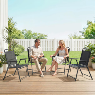 Pack de 4 Sillas de Camping Plegables, Sillas de Jardín Exterior con Respaldo Alto, Asiento Ancho y Reposabrazos, Tela Textilene Transpirable y Marco de Acero para Terraza, 65x60x94 cm, Negro