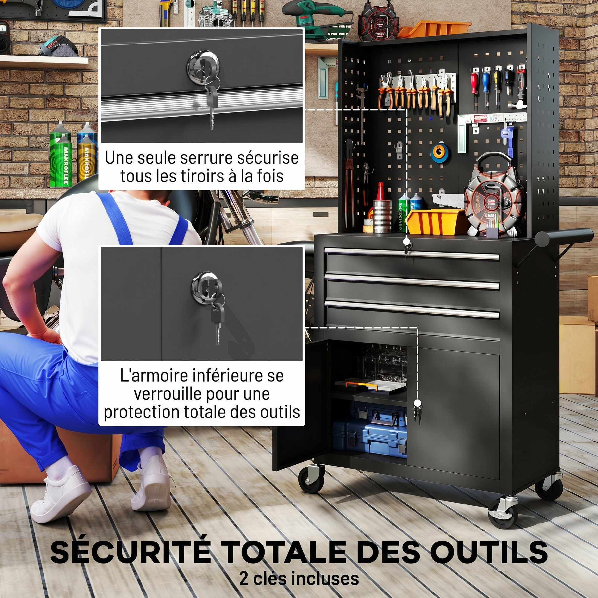 Servante d'atelier acier verrouillable 3 tiroirs 2 portes panneau perforé noir