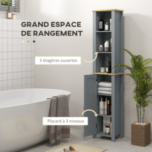 Meuble colonne rangement de salle de bain sur pied porte 2 étagères 3 niches aspect bois clair gris