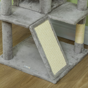 Arbre à chat 2 niches grattoir griffoirs plate-formes 2 niches 2 jouets pompons peluche grise