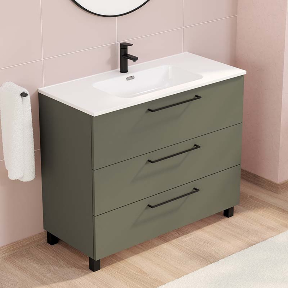 Conjunto de baño Haru | Mueble de baño con patas | 100 cm Verde Musgo| Tres cajones | Lavabo encastrado | No incluye espejo | Alday