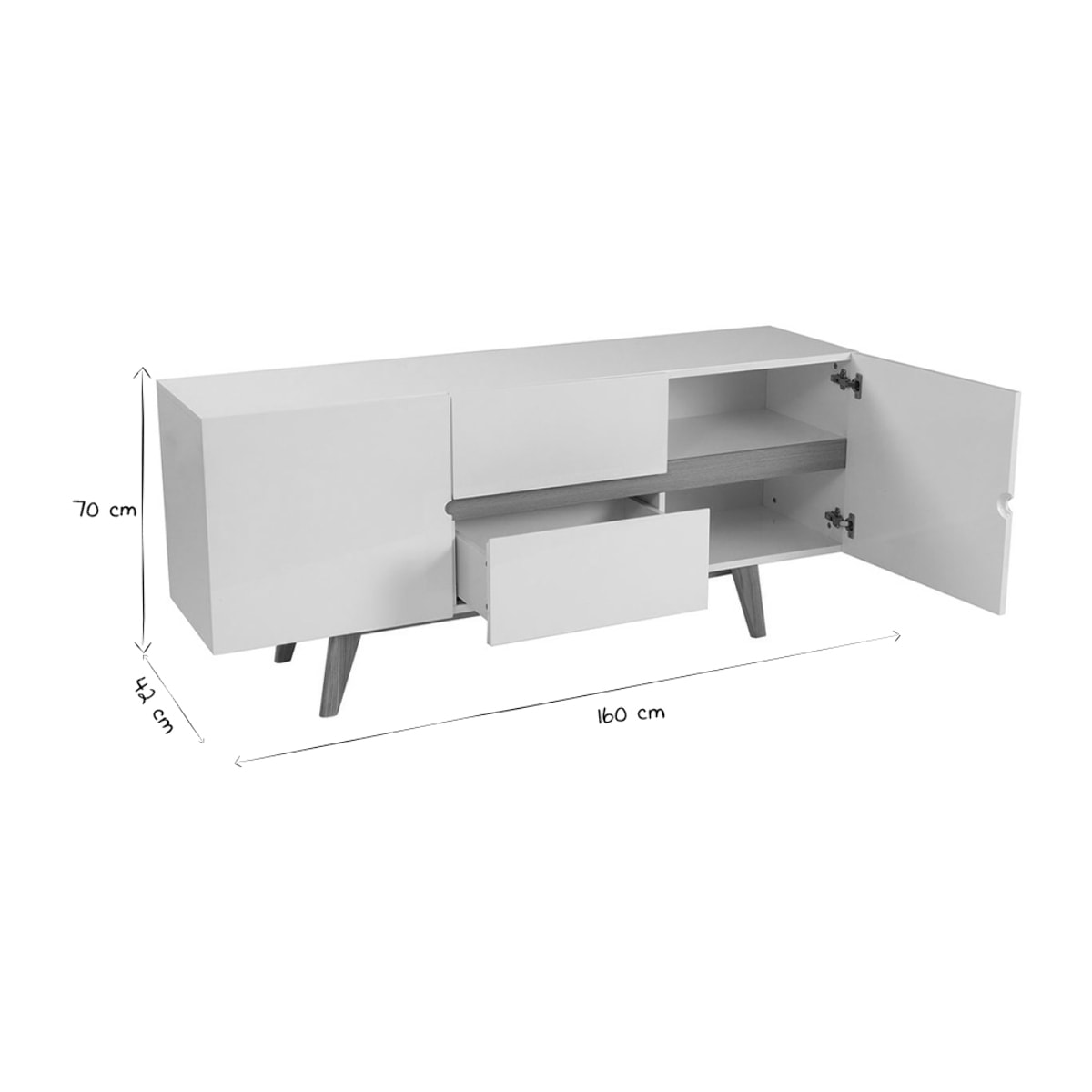 Buffet scandinave blanc laqué brillant et finition bois clair 2 portes 2 tiroirs L160 cm MELKA
