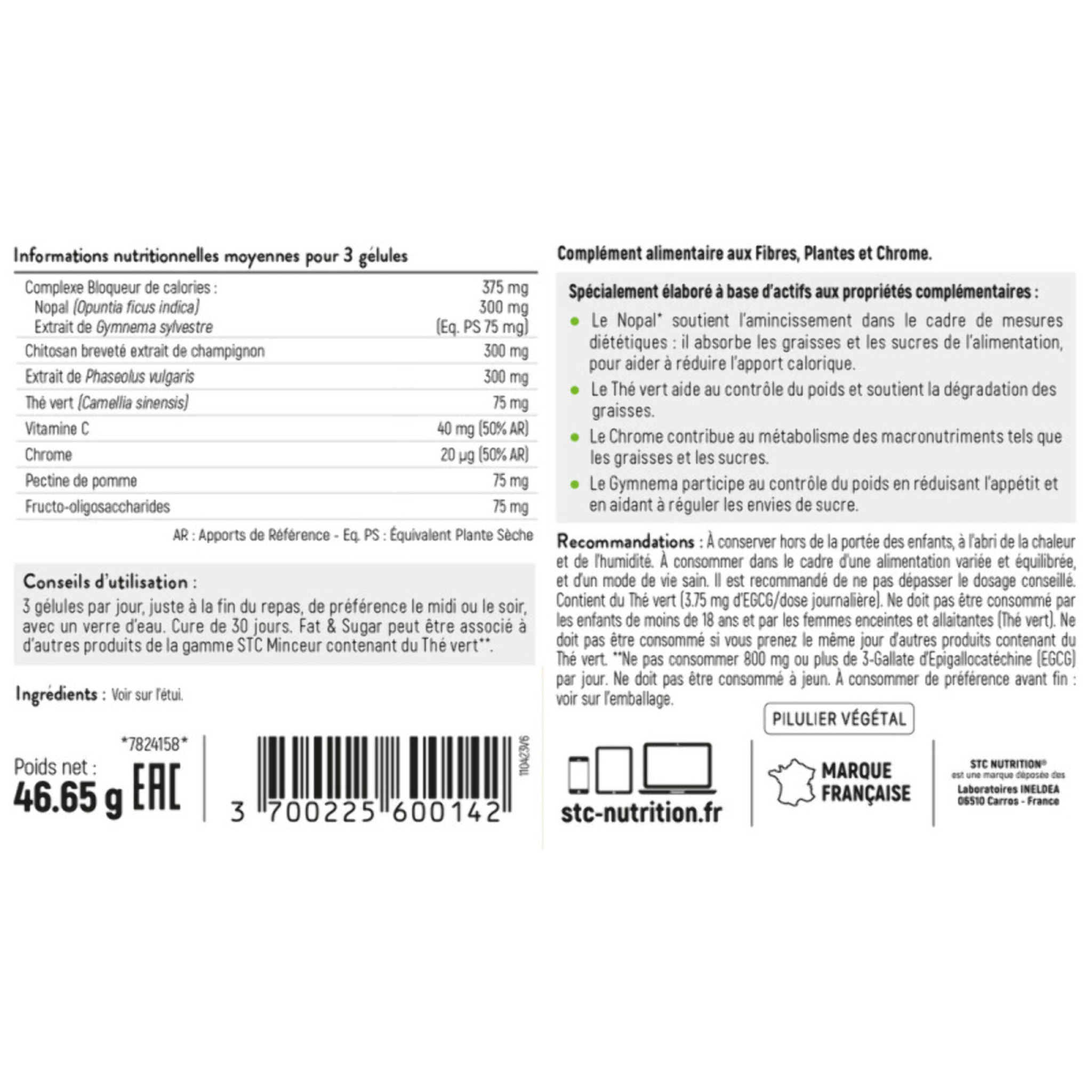 STC NUTRITION - Fat & Sugar Limit - Action Anti-Sucres et Graisses - Vegan - Gélules Végétales - Cure 30 jours