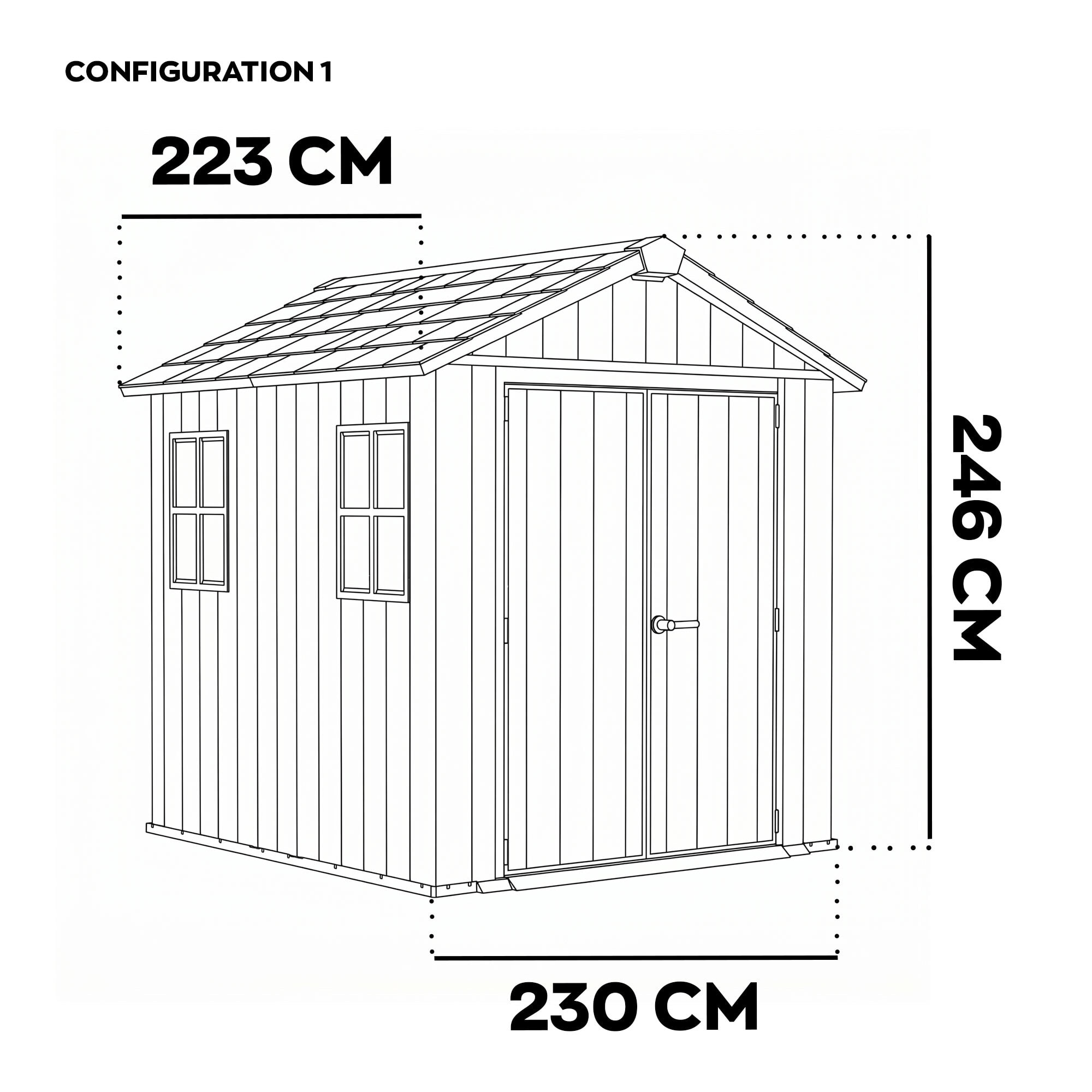 Newton + 757/775 - Casetta da Giardino 223x246x230 cm 2 Ante per deposito attrezzi finitura effetto legno Evotech+ in Resina Grigio e Nero