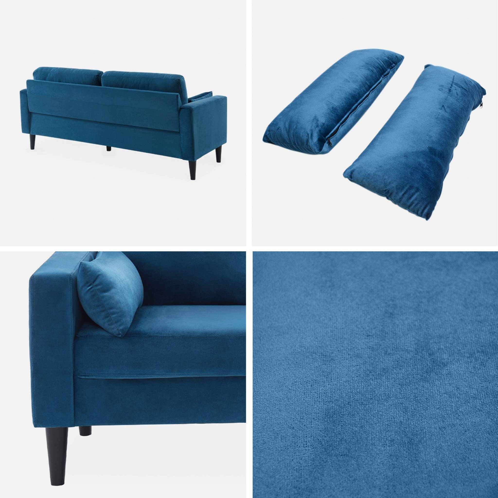 Canapé 3 places bois d'eucalyptus, d'hévéa teinté noyer et velours BJORN