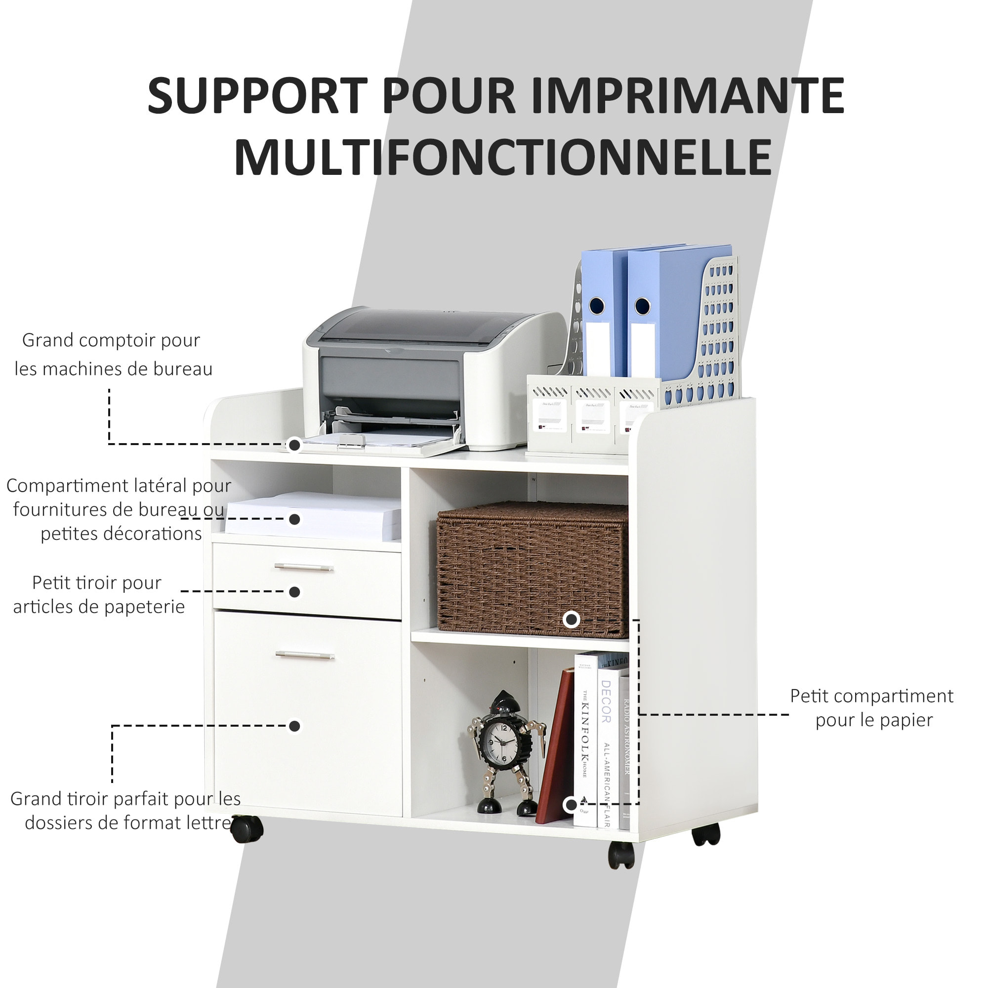 Support d'imprimante - caisson rangement - 3 niches, tiroir, trieur - panneaux blanc