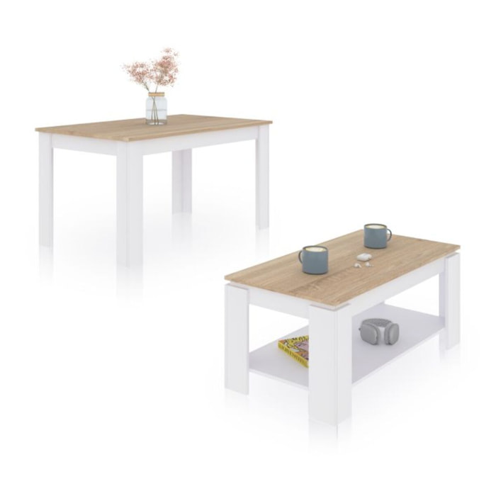 Pack mesa de comedor 123 y mesa de centro Lya Blanco Artik (Blanco Mate) - Roble Canadian