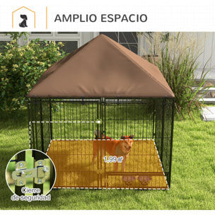 Perrera con Toldo Parque para Perros Metálica de Exterior con Soporte Giratorio para Comida 2 Cuencos para Patio Jardín Terraza 141x141x151 cm Negro